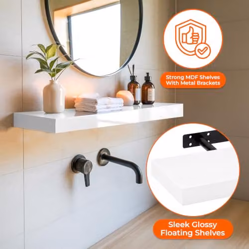 iTrend High Gloss White Floating Wall Shelf, W: 80 cm, D: 23.5 cm, H: 3.8 cm – 3