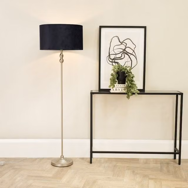 ValueLights Maggie Brushed Chrome Candlestick Floor Lamp with Black Velvet Shade and LED Bulb – 1