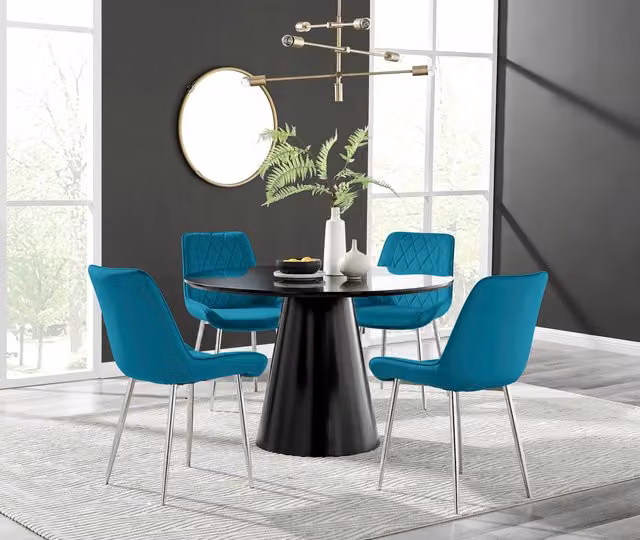 FurnitureboxUK Palma Black Semi Gloss Round Dining Table and 4 Pesaro Silver Blue Chairs
