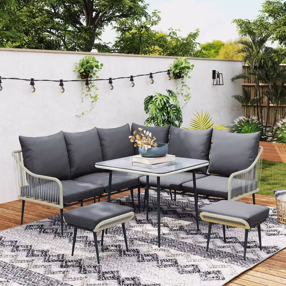 ERGOVEXA Six-Piece L-Shape Rattan Garden Sofa Set in Grey with Upholstered Cushions and Powder Coated Steel Frame – 5