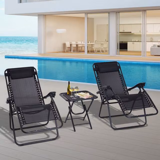 Outsunny Folding Zero Gravity Chairs and Table Set in Black with Textilene Fabric and Powder Coated Steel Frame