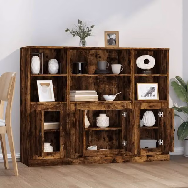 Berkfield Home Set of 3 Smoked Oak Highboards in Brown, Engineered Wood