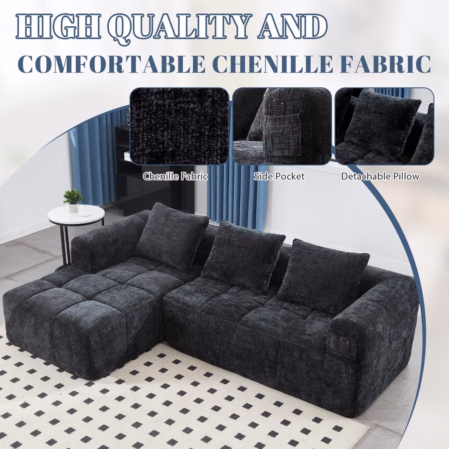 Aosom UK Oversized Modular L-Shaped Sleeper Sofa in Black, Reversible Fabric Sectional with Deep-Seated Design and Hidden Side Pockets, W/D/H: 250 x 158 x 60 cm – 5