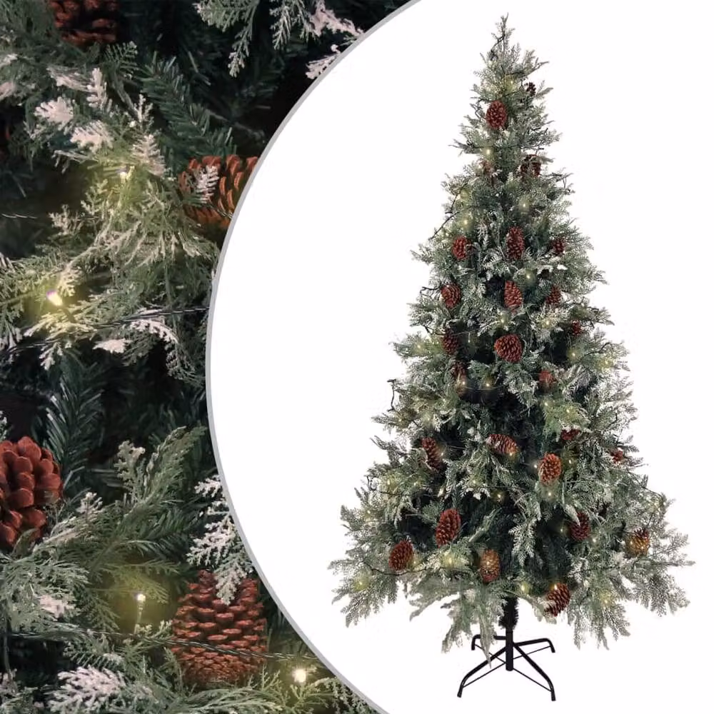 Berkfield Home Pre-lit Christmas Tree with Pine Cones in Green and White, Height: 225 cm – 2