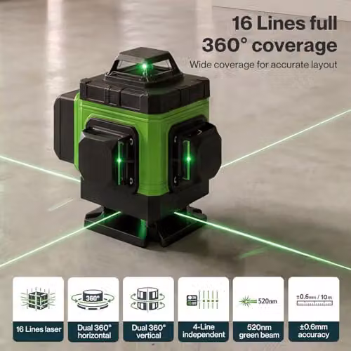 Traderight 16 Line 4D Green Cross Line Self Leveling Laser Level with Tripod, 2 x 2400mAh Rechargeable Batteries and Remote Control – 7
