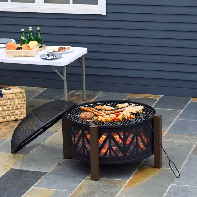 Outsunny 2-in-1 Outdoor Fire Pit and Charcoal BBQ Cooker in Black and Brown – 1
