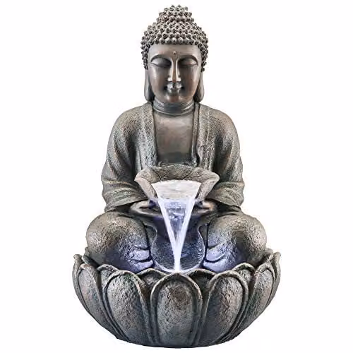 Clifford James Serenity Bronze Sitting Buddha Water Feature with LED Light, Brown Polyresin Cascade, Height: 55 cm – 1