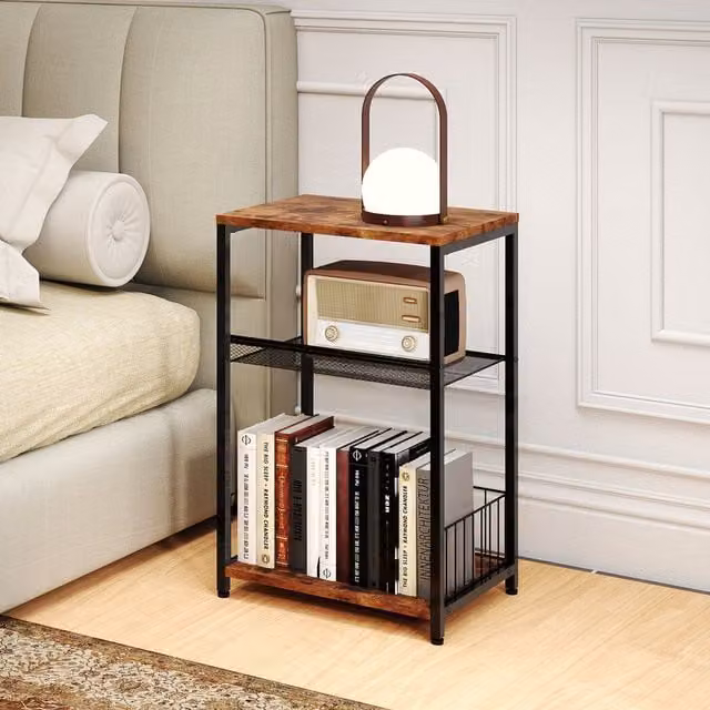 Levede 3-Tier Industrial Side Table in Brown Wood and Metal