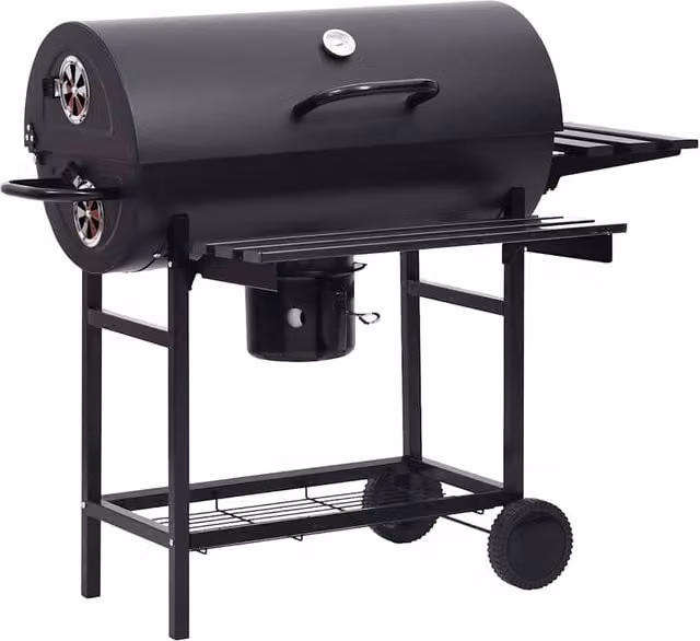 Berkfield Home Black Steel Barrel Charcoal Grill with Wheels, Shelves and Warming Rack, W/D/H: 115 x 85 x 95 cm