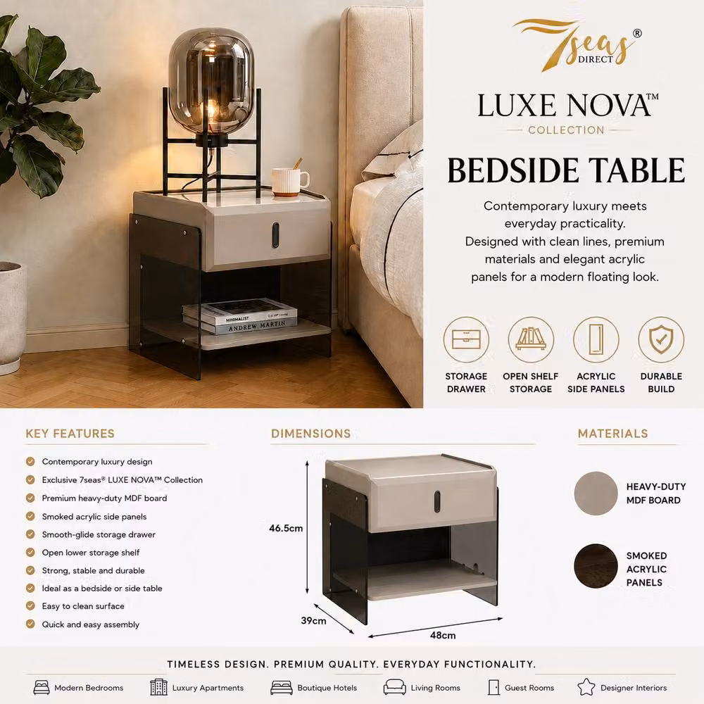 7seas Modern Bedside Table with Acrylic Side Panels in Beige, W: 48 cm, D: 39 cm, H: 46.5 cm – 2