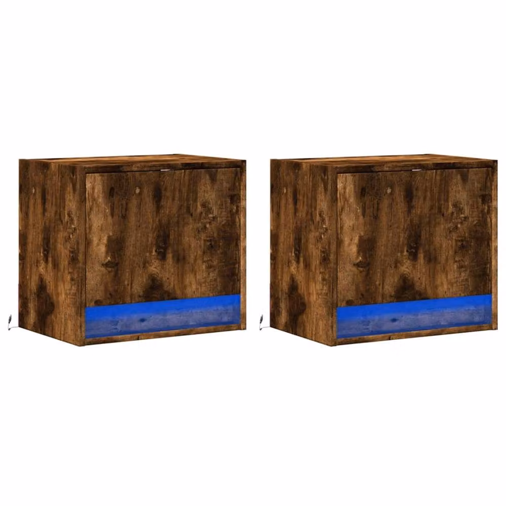 Berkfield Home Set of 2 Wall-mounted Bedside Cabinets with Integrated LED Lights in Smoked Oak Brown – 3