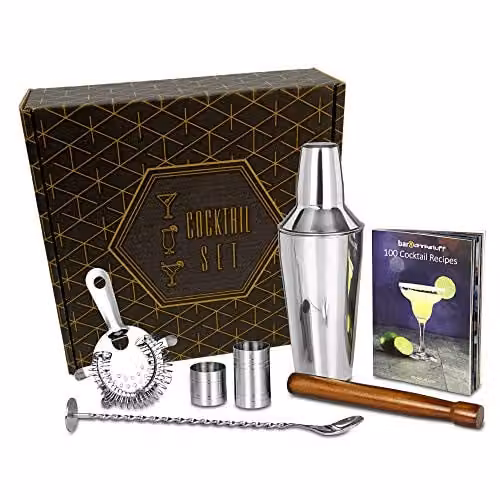 drinkstuff Manhattan Cocktail Shaker Set in Silver with Stainless Steel Accessories and Wood Details – 1