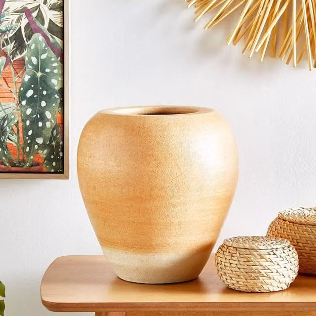 Wyld and Coco Hand-Painted Ceramic Terracotta Vase in Orange and Beige Ombre, Height: 34 cm