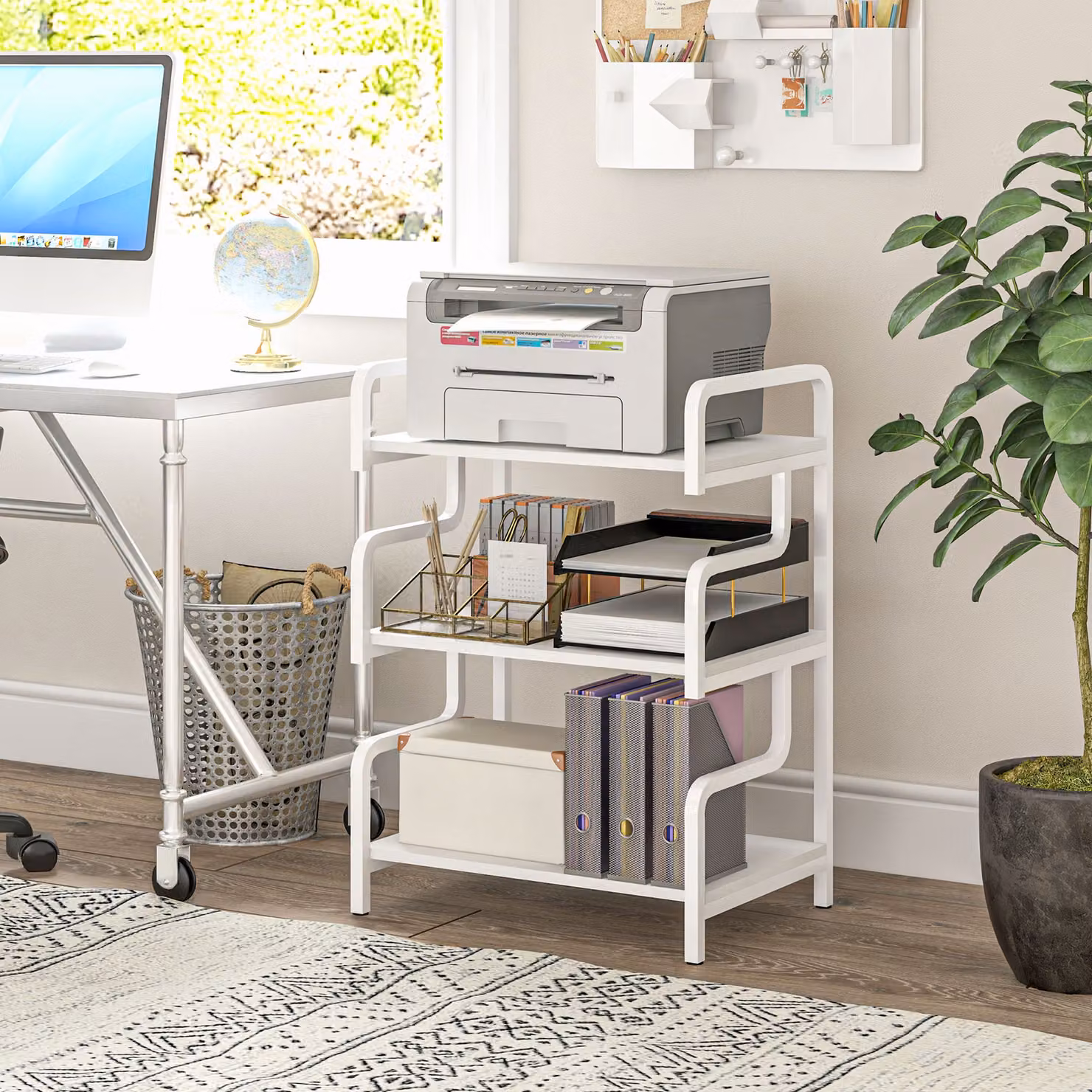 HOMCOM 3-Tier Industrial Metal and MDF Storage Shelves and Printer Table in White – 2
