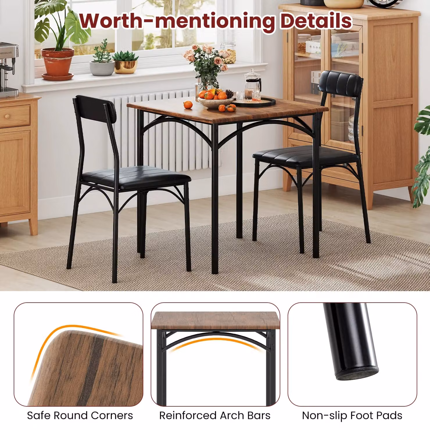 Gymax 3-Piece Dining Set Featuring a Square Table and 2 Upholstered Armless Chairs in Brown and Black – 9