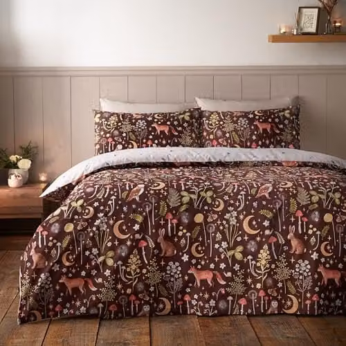 Catherine Lansfield Enchanted Twilight Animals Reversible Single Duvet Cover and Pillowcase Set, Brown, W/D/H: 135 x 200 cm and 50 x 75 cm – 1