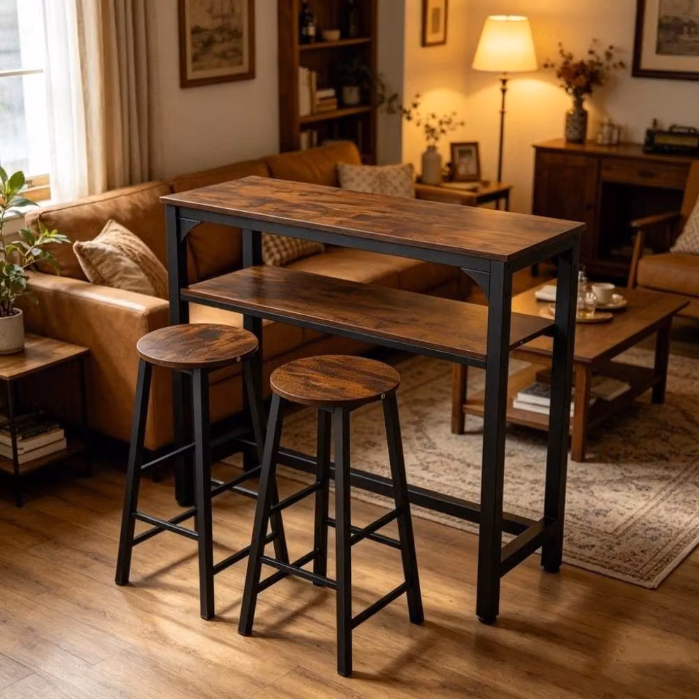 FORGEVIO Industrial Bar Table and 2 Stool Set in Brown – 4
