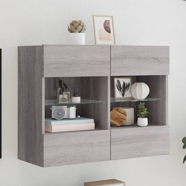 Berkfield Home Modern Wall Mounted TV Cabinet with Integrated LED Lights and Internal Shelves in Grey Sonoma, W: 78.5 cm, D: 30 cm, H: 60.5 cm – 1