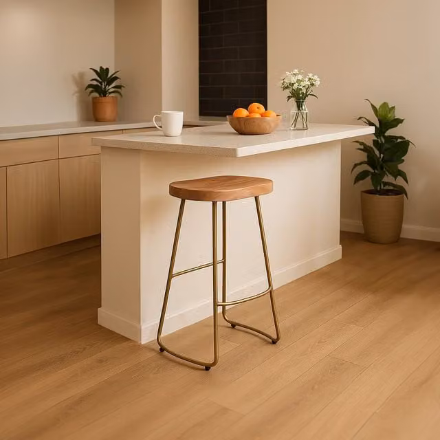 Interiors by Premier Nandri Acacia Wood and Antique Brass Bar Stool in Natural Brown and Gold