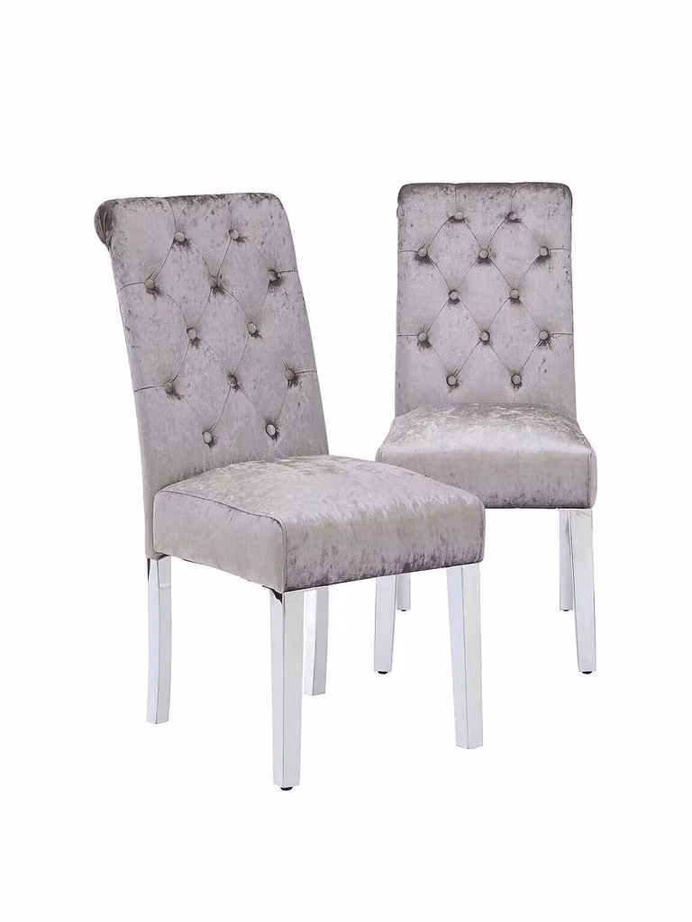 Pair of Silver Velvet Scroll Back Dining Chairs with Metal Legs