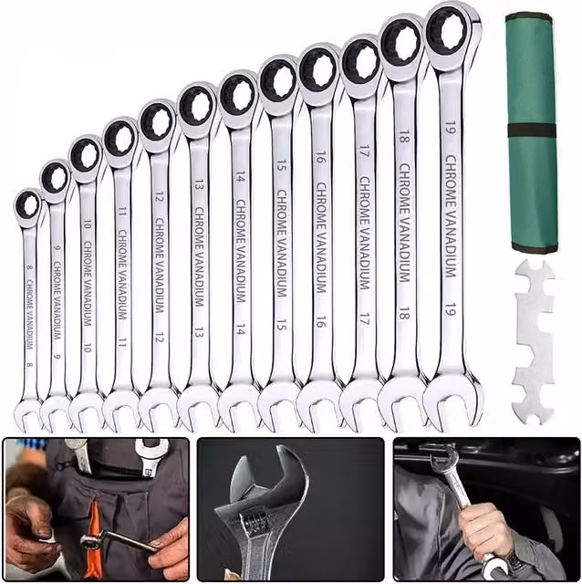 SPETLEK 12-Piece 72 Tooth Combination Ratchet Spanner Set in Silver Chrome Vanadium Steel