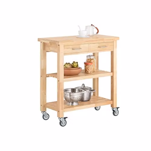 SoBuy Modern Kitchen Trolley on Wheels with 2 Drawers and 2 Shelves in White and Beige, W/D/H: 80 x 40 x 90 cm – 1