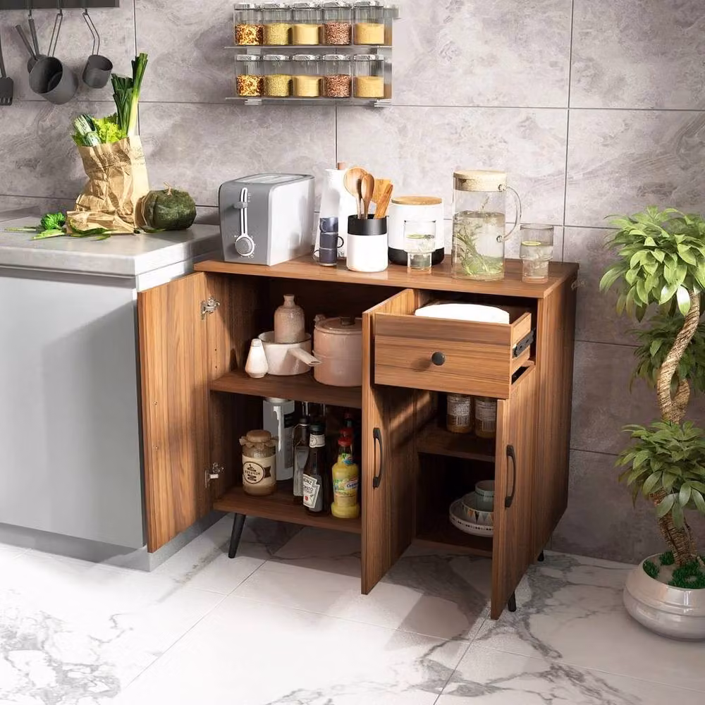 FORGEVIO Modern Brown Multicolour Buffet Kitchen Storage Cabinet with Wood and Glass Details – 3