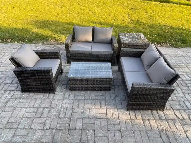 Fimous 5 Seater Grey Wicker Rattan Garden Furniture Set with Double Sofa, Chair, Side Table and Rectangular Coffee Table