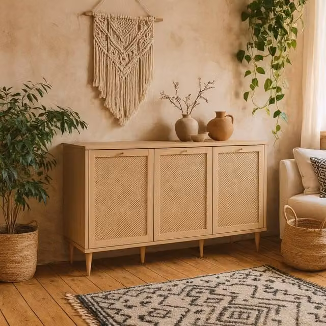Wyld Haus Mallowmoss 3 Door Rattan and Light Wood Sideboard in Beige and Sand