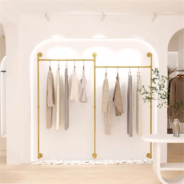 Nordara Rustic Industrial Wooden Wall Mount Clothing Rack Storage Unit in Gold, Width: 70 cm
