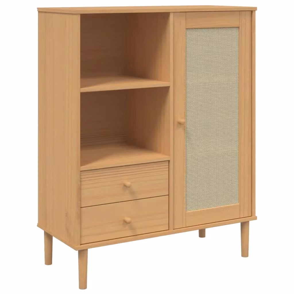 Berkfield Home Senja Highboard in Brown Rattan Look Solid Pine Wood, W/D/H: 90 x 40 x 112 cm – 2