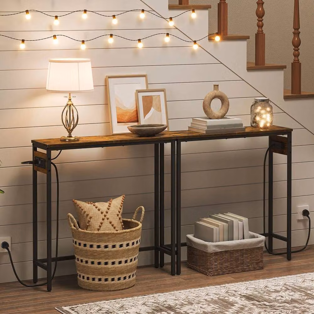 PAWNORA Rustic Brown Console Table with Power Outlets, W/D/H: 75 x 24 x 75 cm – 4