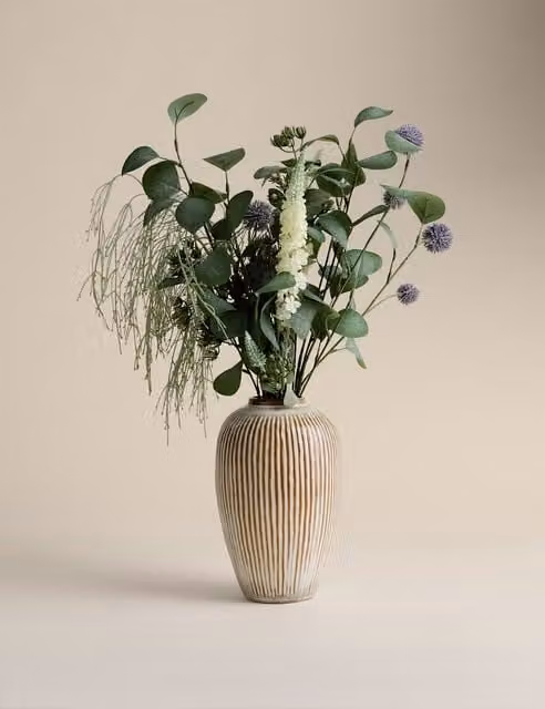 M&S Artificial Mixed Flower Arrangement with Striped Ceramic Tabletop Vase in Multicolour
