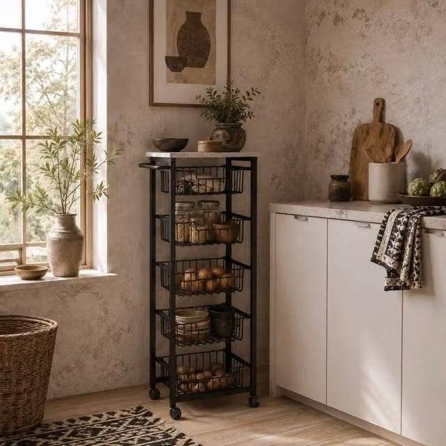 Wyld Haus Sucora 5 Basket Mobile Kitchen Trolley in Light Grey and Black – 1