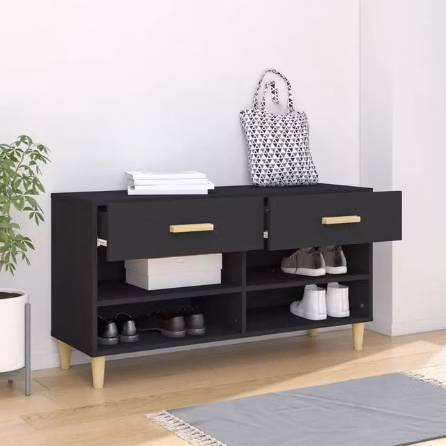 Berkfield Home Black Shoe Cabinet with Hinged Doors and Open Shelf, W/D/H: 102 x 35 x 55 cm
