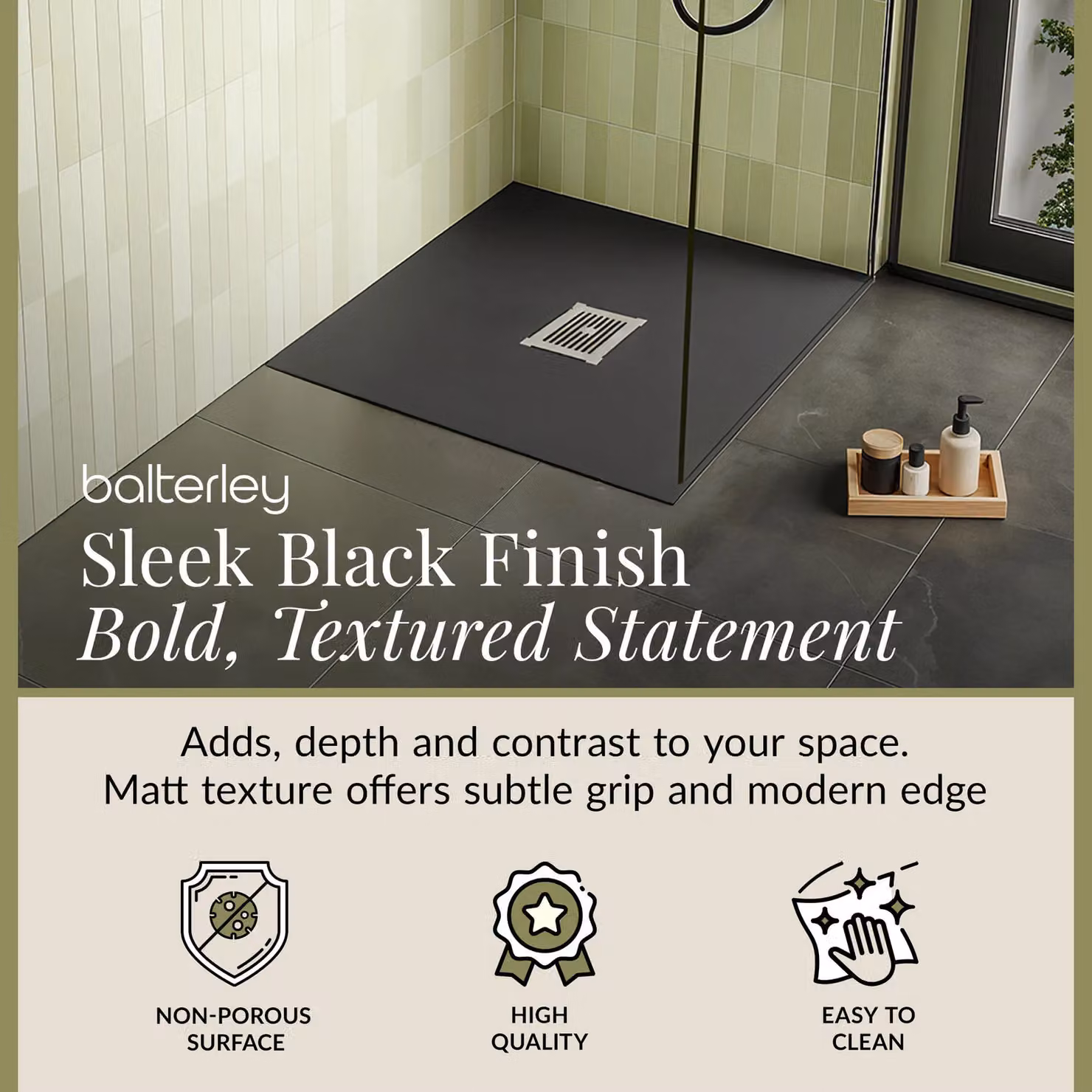 Balterley Slimline Square Mineral Cast Shower Tray in Black, W/D: 90 x 90 cm – 2