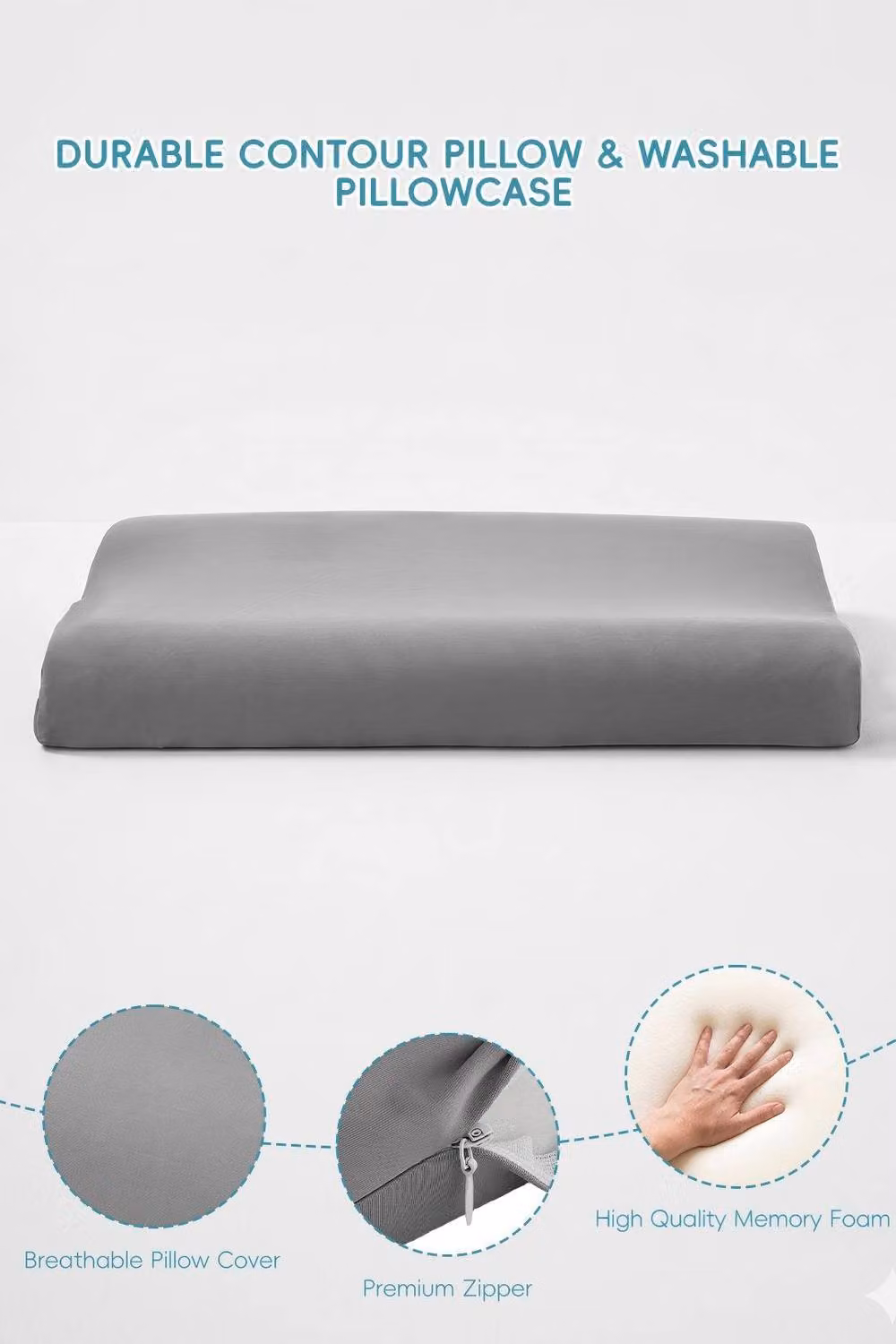 Living and Home Cooling Memory Foam Pillow with Removable Cover, Grey – 3
