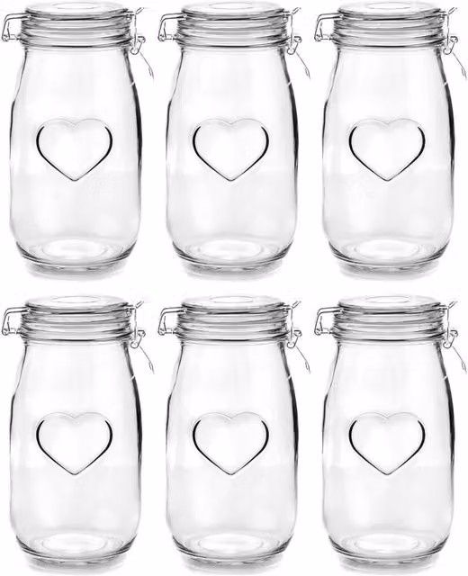 Nicola Spring Heart Glass Airtight Storage Jars, 1.5 l, Clear, Pack of 6