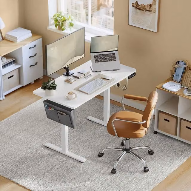 VASAGLE Electric Height-Adjustable Standing Desk in White with Modern Rectangular Design and Integrated Grommet