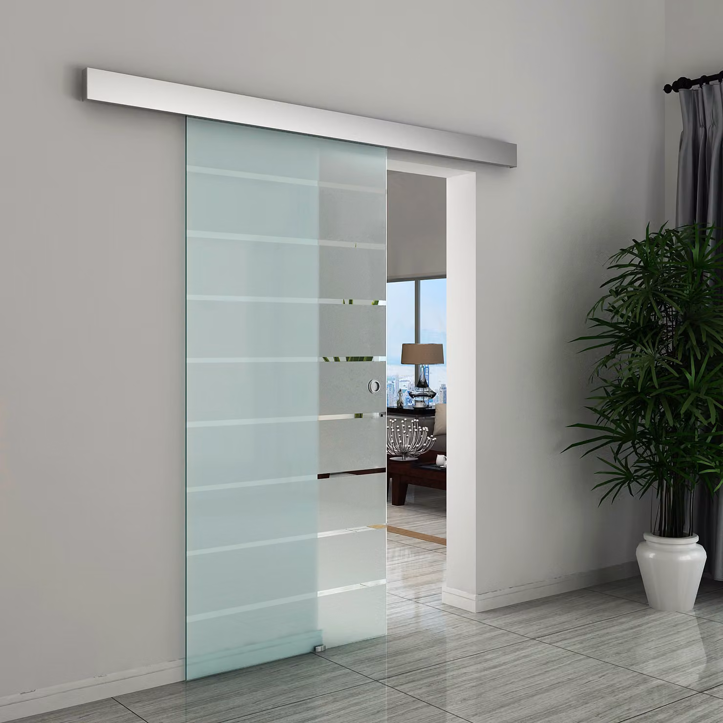 HOMCOM Modern Sliding Barn Door Kit with Frosted Striped Tempered Glass and Aluminium-alloy Rail, H: 205 cm x W: 90 cm x D: 34 cm – 2