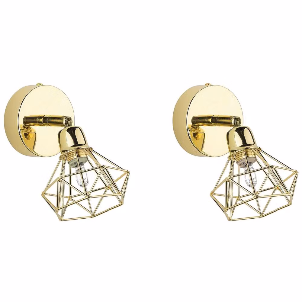 Wyld and Coco Set of 2 Gold Metal Adjustable Modern Cage Wall Lamps