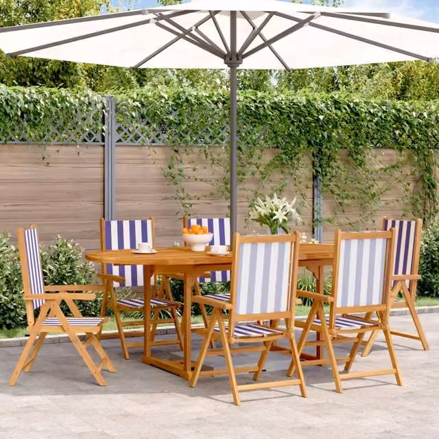 Berkfield Home 7 Piece Garden Dining Set in Blue and White Fabric and Solid Wood