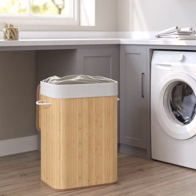 SONGMICS Bamboo Laundry Basket with Lid and Removable Bag, 72 Litres, Yellow, W/D/H: 40 x 40 x 60 cm