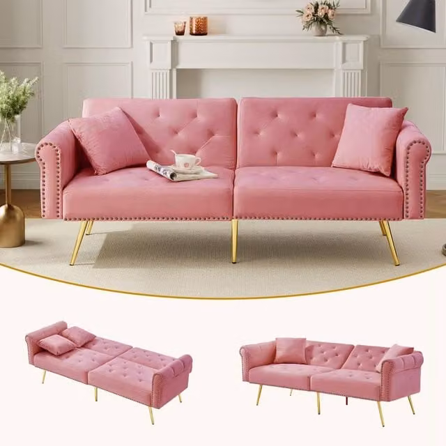 BTM Pink Velvet 2-Seater Sofa Bed with Gold Feet and Adjustable Backrest