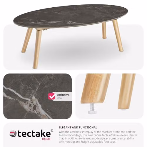 tectake Oval Coffee Table with Marble Stone Top and Height-Adjustable Wooden Legs in Grey, W/D/H: 100 x 50 x 34.5 cm – 6
