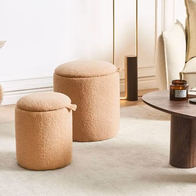 Wyld Haus Set of 2 Brown Bouclé Cylindrical Nesting Ottomans