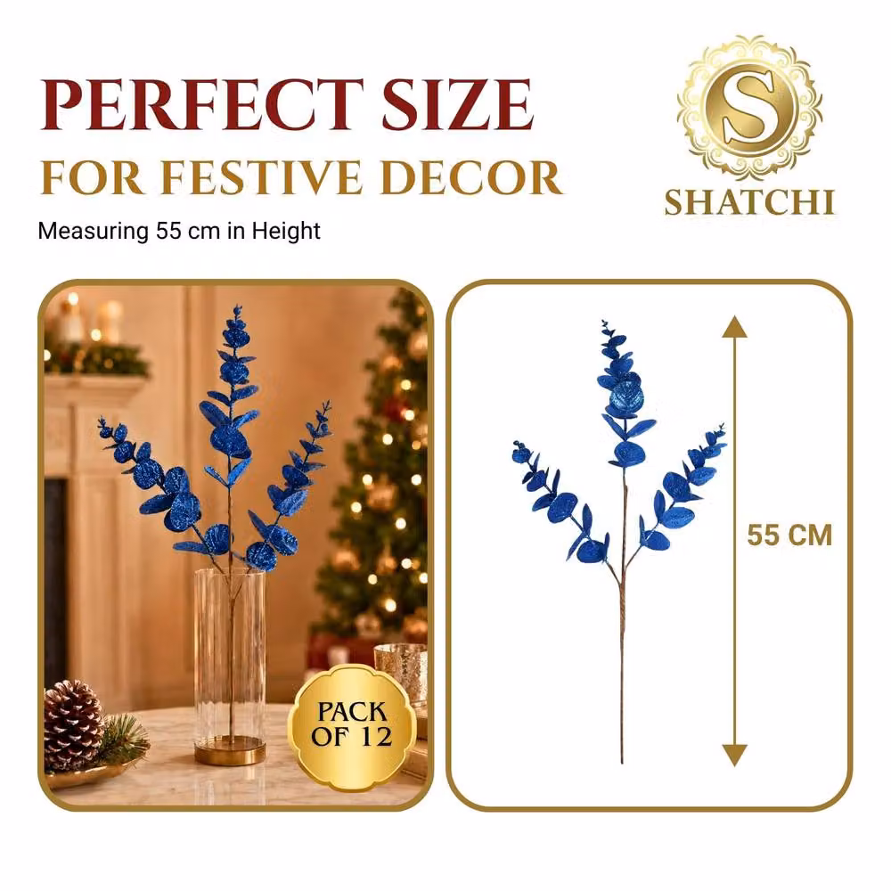Shatchi 12 Pack Dark Blue Glitter Artificial Eucalyptus Christmas Tree Picks, 55 cm – 3