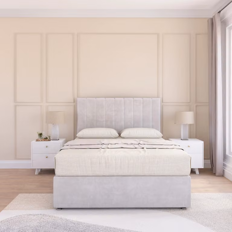 Sloomy Kansas Double Divan Bed Base and 26 inch Struts Headboard in Silver Velvet Fabric, W/D/H: 140 x 200 cm