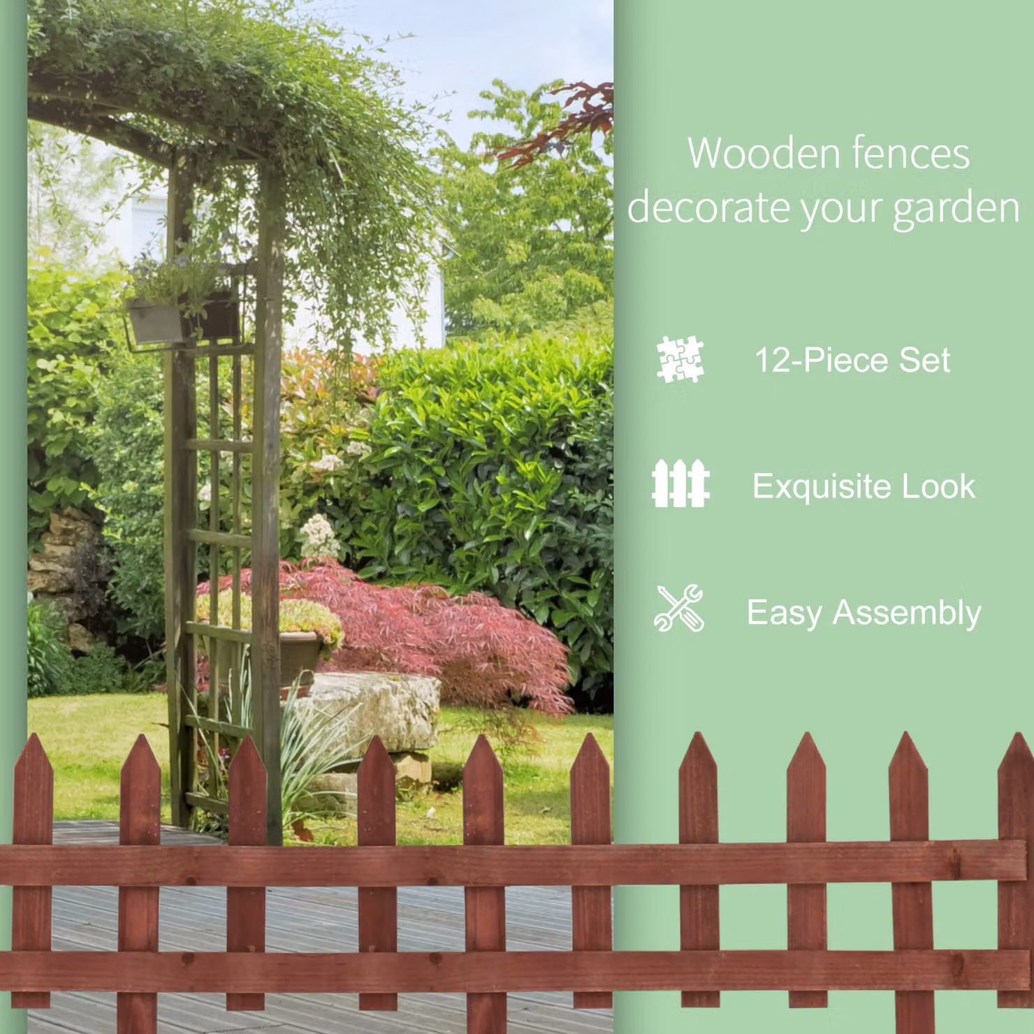 Outsunny Set of 12 Brown Wooden In-Ground Garden Fence Pieces, Height: 60 cm – 5