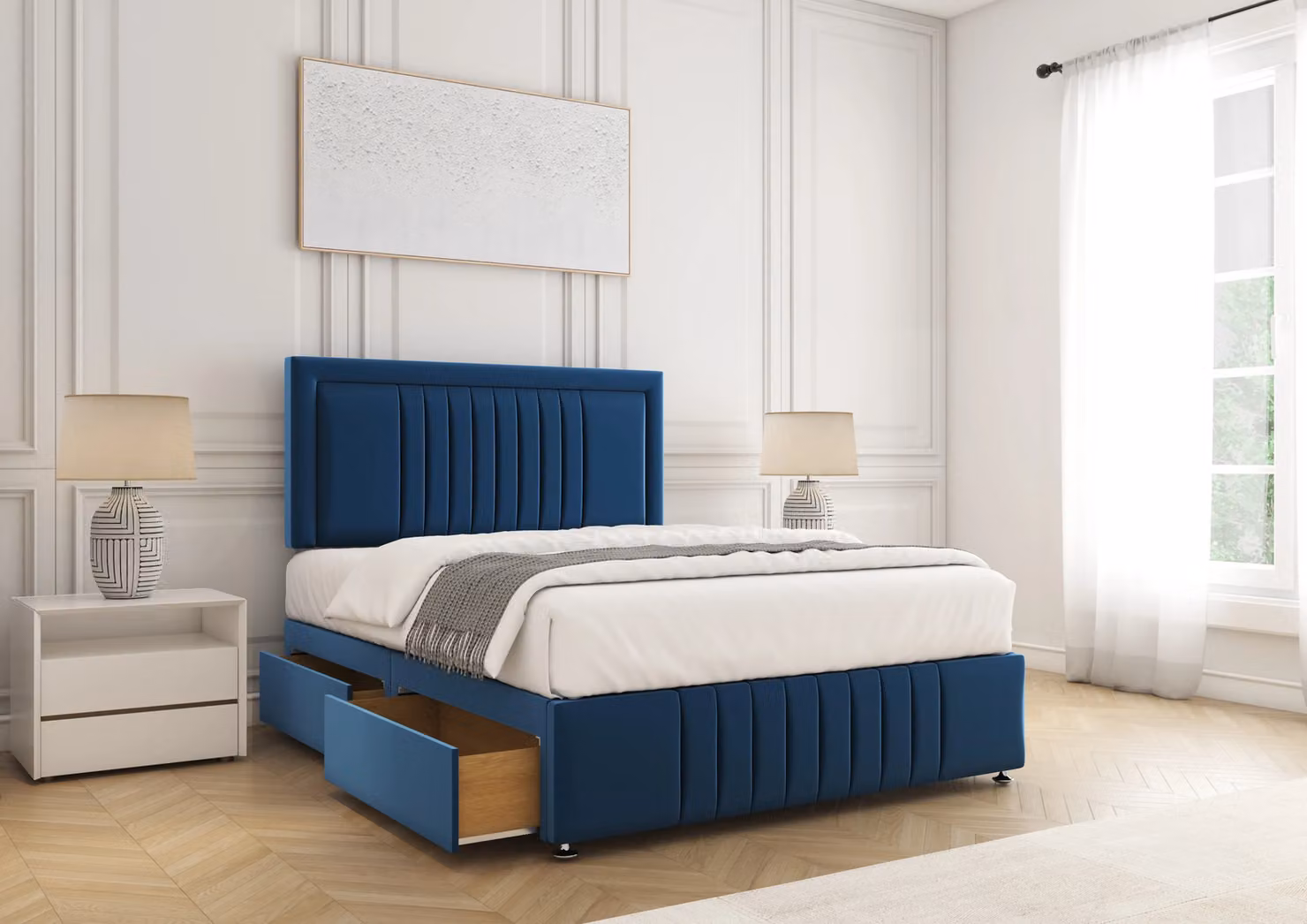 BSSPOKE Lily Divan Bed with 24 inch Headboard and 4 Drawers in Blue Plush Velvet, Size: 140 x 200 cm